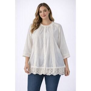 Logo Lavish White Lace Trim Button Front Tunic Blouse 2X Cotton Boho NWOT